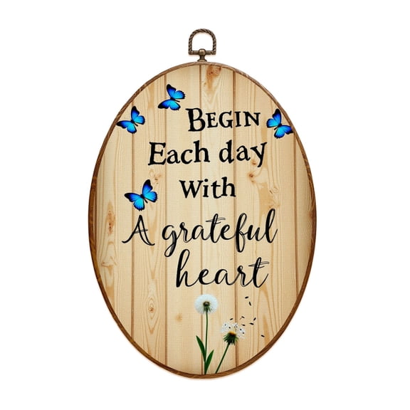 Canvas Wall Art Dandelion Butterfly Begin Each Day Grateful Heart Butterflies Oval Framed Canvas Prints Vintage Wall Hanging Decor for Home Office Nursery Family Gift 8.6"x11.4"