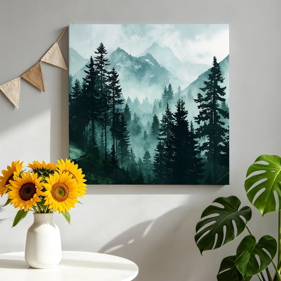 Canvas Wall Art Dark Conifer Forest Canvas Art Print Teal Tree Blue Mist High Peaks Foggy Valley Pictures Wall Decor for Living Room Bedroom Artwork Decorations Stretched Framed Ready to Hang 8"x8"