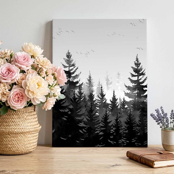 Canvas Wall Art Dark Gray Forest Canvas Art Print Black Tree Watercolor Bird Vintage Abstract Pictures Wall Decor for Living Room Bedroom Artwork Decorations Stretched Framed Ready to Hang 8"x12"