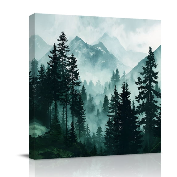 Canvas Wall Art, Dark Green Forest Framed Canvas Prints for Living Room Bathroom, Nature Foggy Mountain Pine Tree Gallery Wrapped Wall Decor for Home Office, Gifts, 12"x12" Ship Next Day