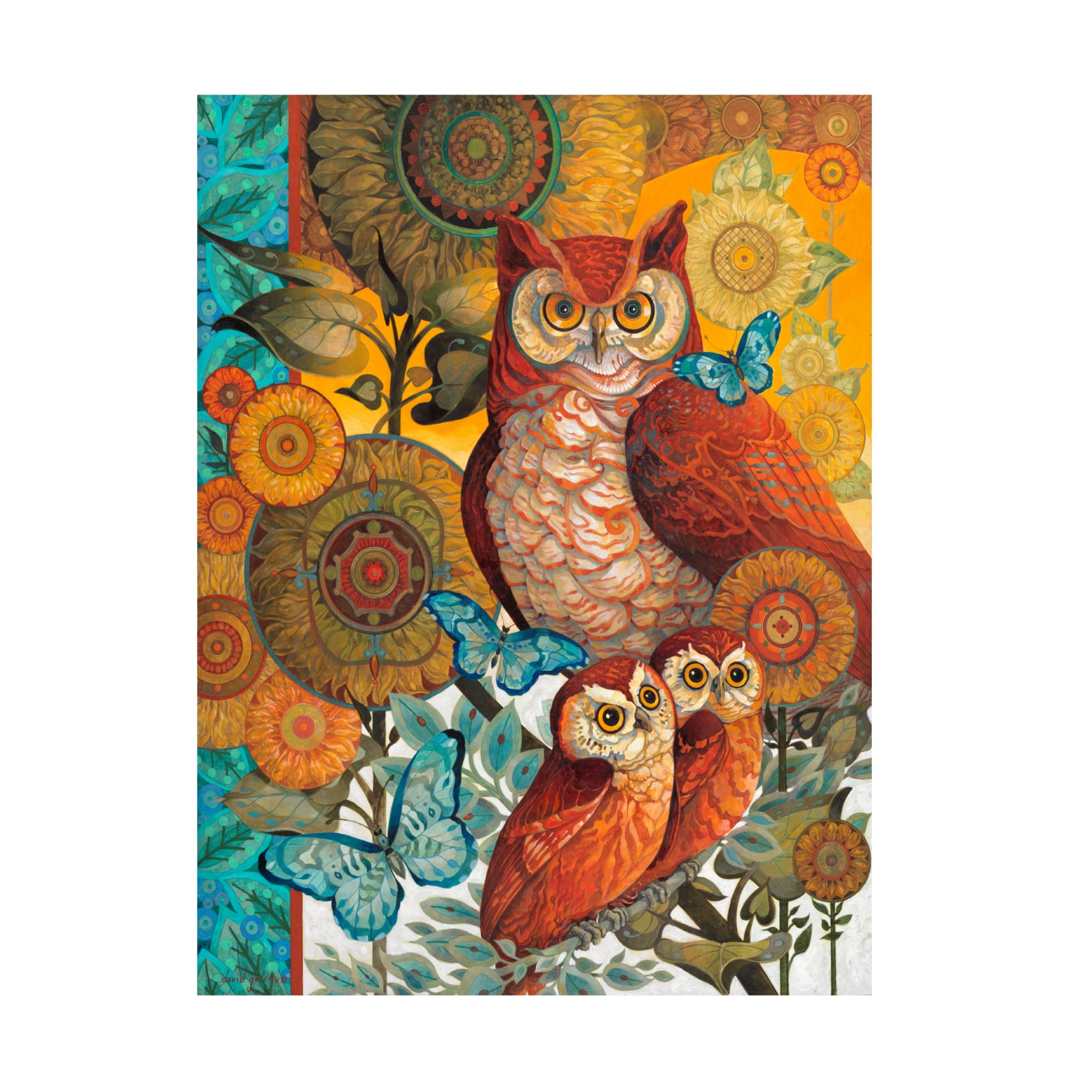 Canvas Wall Art - David Galchutt 'Owls in Bloom' Wall Art for Living Room, Bedroom, or Office Décor by Trademark Fine Art - 35 x 47 Inches