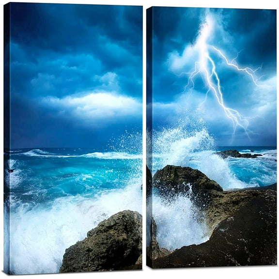 Canvas Wall Art Decor - 12x24 2 Piece Set (Total 24x24 inch) - Blue Ocean Lightning - Decorative & Modern Multi Panel Split Canvas Prints for Dining & Living Room, Kitchen, Bathroom, Bedroom & Office