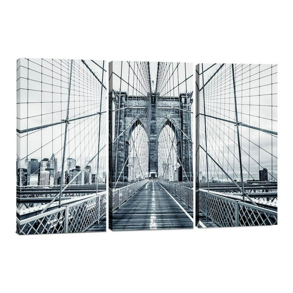 Canvas Wall Art Decor -12x24 3 Piece Set (Total 24x36 inch) B&W Brooklyn Bridge NYC - Decorative & Modern Multi Panel Split Canvas Prints for Dining & Living Room, Kitchen, Bathroom, Bedroom & Office