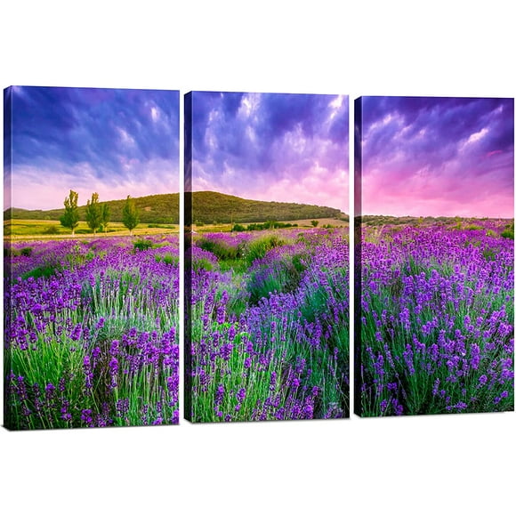 Canvas Wall Art Decor - 12x24 3 Piece Set (Total 24x36 inch) - Purple Flower Field - Decorative & Modern Multi Panel Split Canvas Prints for Dining & Living Room, Kitchen, Bedroom, Bathroom & Office