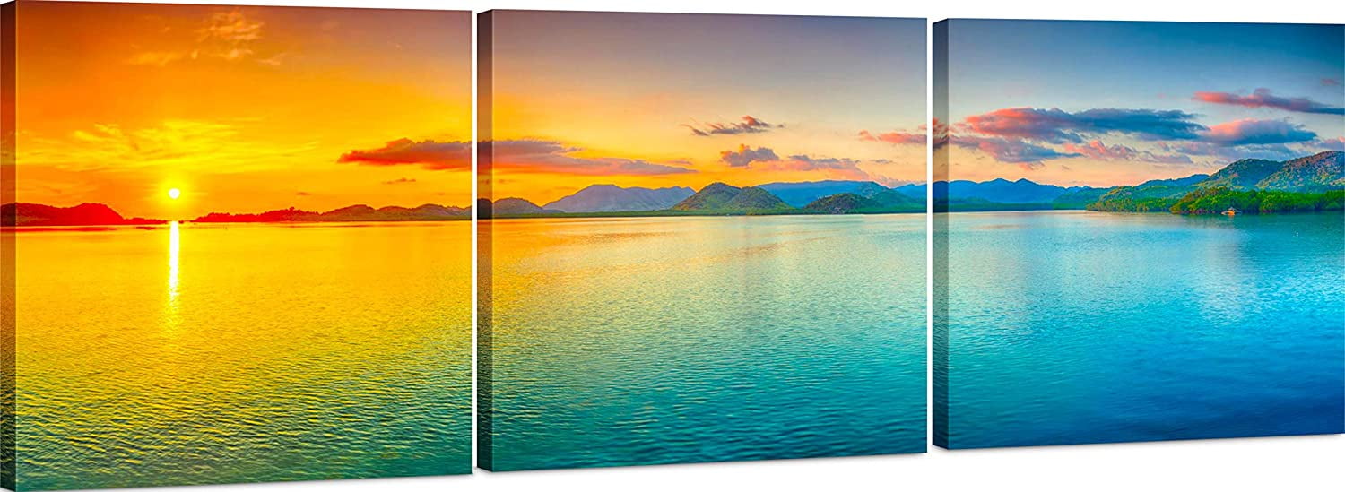 Panoramic Coastal Sunset Framed Canvas Wall Art Set