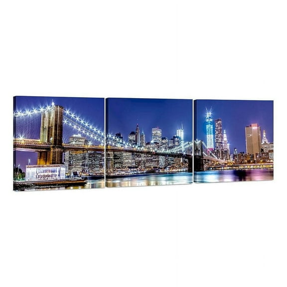 Canvas Wall Art Decor - 24x24 3 Piece Set (Total 24x72 inch) - NYC Brooklyn Bridge At Night - Large Decorative & Modern Multi Panel Split Prints for Dining & Living Room, Kitchen, Bedroom & Office
