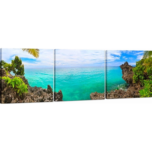 Canvas Wall Art Decor - 24x24 3 Piece Set (Total 24x72 inch) - Tropical Ocean Beach - Large Decorative & Modern Multi Panel Split Prints