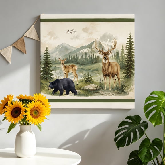 Canvas Wall Art Deer Bear Canvas Art Print Rustic Green Pine Forest Mountain Natural Wilderness Pictures Wall Decor for Living Room Bedroom Artwork Decorations Stretched Framed Ready to Hang 8"x8"
