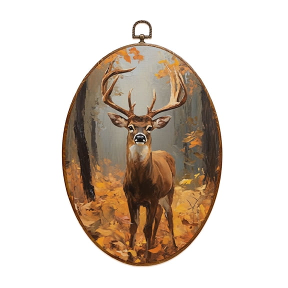 Canvas Wall Art Deer Fall Forest Autumn Orange Landscape Wildlife Animal Nature Oval Framed Canvas Prints Hunting Theme Wall Hanging Decor for Cabin Lodge 8.6"x11.4"