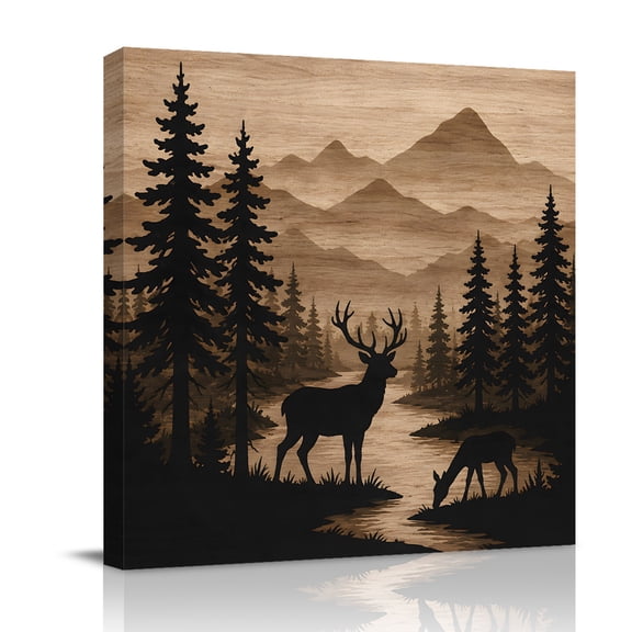 Canvas Wall Art, Deer Framed Canvas Prints for Bathroom Desk, Forest Pine Trees Mountain Black Brown Small Gallery Wrapped Wall Decor for Home Office, Gifts, 8"x8" Ship Next Day