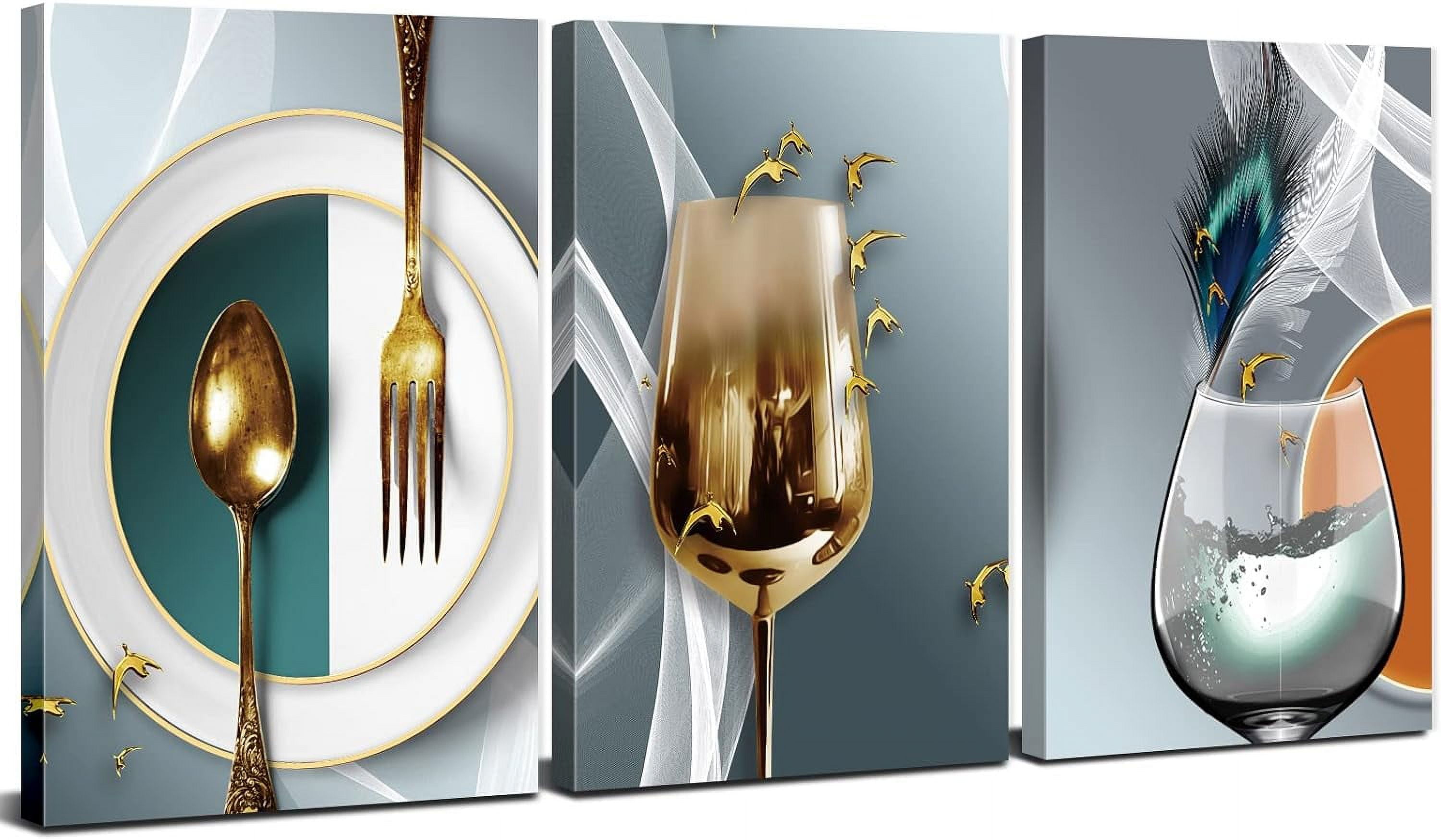 Canvas Wall Art for Dining Room Teal Gold Wine Glass Pictures Kitchen Wall Decorations Abstract Geometric Kitchenware Cups Posters Paintings Modern Home Decor Family Bar Artwork Framed 12x16" 3 Pcs