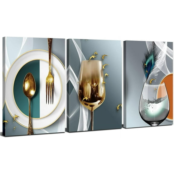 Canvas Wall Art for Dining Room Teal Gold Wine Glass Pictures Kitchen Wall Decorations Abstract Geometric Kitchenware Cups Posters Paintings Modern Home Decor Family Bar Artwork Framed 12x16" 3 Pcs