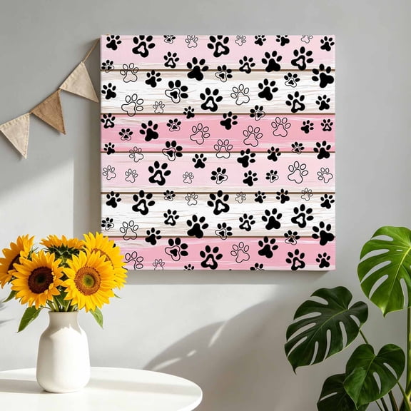 Canvas Wall Art Dog Paw Canvas Art Print Pink Wood Grain Pictures Wall Decor for Living Room Bedroom Artwork Decorations Stretched Framed Ready to Hang 8"x8"