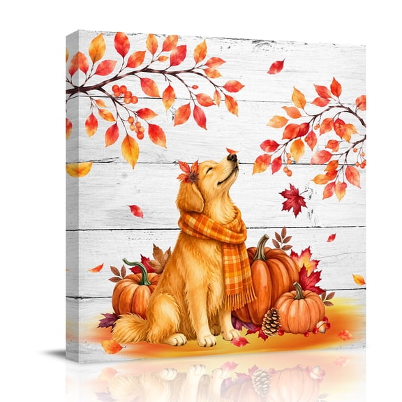 Canvas Wall Art, Dogs Fall Framed Canvas Prints for Bathroom Desk, Maple Leaves Pumpkins Thanksgiving Wood Grain Small Gallery Wrapped Wall Decor for Home Office, Gifts, 8"x8" Ship Next Day