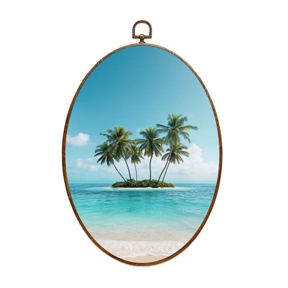 Canvas Wall Art Dreamlike Tropical Island Tropical Beach Palm Trees Clear Water Island Oval Framed Canvas Prints Vintage Wall Hanging Decor for Home Office Decorations 8.6"x11.4"