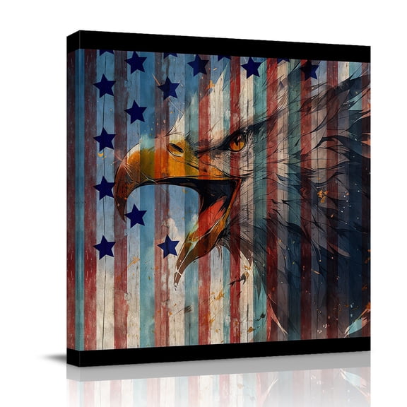 Canvas Wall Art, Eagle Framed Canvas Prints for Bathroom Desk, American Flag Blue Star Red Blue Striped Vintage Wooden Small Gallery Wrapped Wall Decor for Home Office, Gifts, 8"x8" Ship Next Day