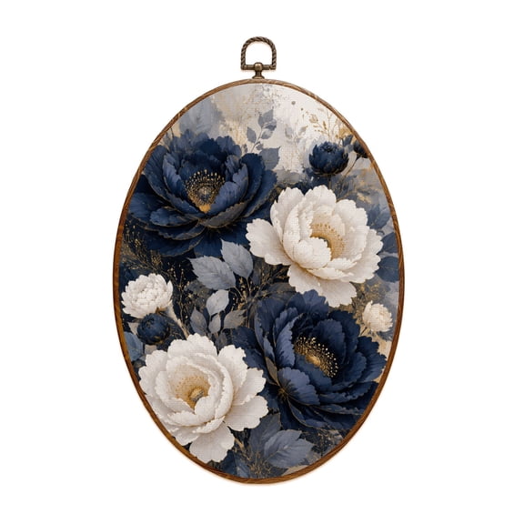 Canvas Wall Art Elegant Watercolor Botanical Navy Peonies Gold Foil Oval Framed Canvas Prints Vintage Wall Hanging Decor for Home Decorations 8.6"x11.4"