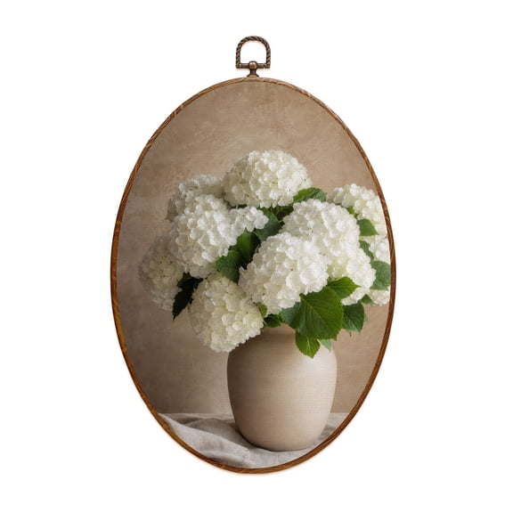 Canvas Wall Art Elegant White Hydrangea Floral Oval Framed Canvas Prints Vintage Bathroom Wall Decor for Home 8.6"x11.4"