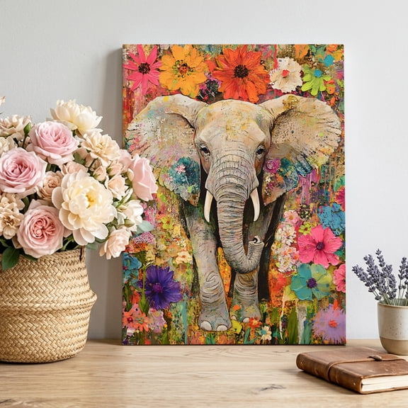 Canvas Wall Art Elephant Canvas Art Print Animal Floral Garden Oil Paint Style Pictures Wall Decor for Living Room Bedroom Artwork Decorations Stretched Framed Ready to Hang 24"x36"