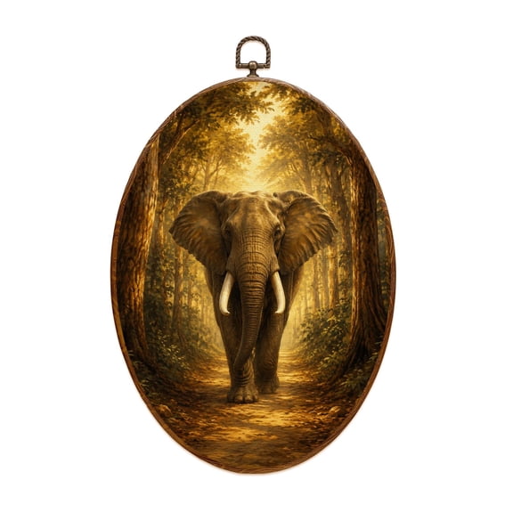 Canvas Wall Art Elephant Wild Animal Colorful Floral Tree Forest Oil Painting Path Oval Framed Canvas Prints Vintage Wall Hanging Decor for Home Decorations 8.6"x11.4"
