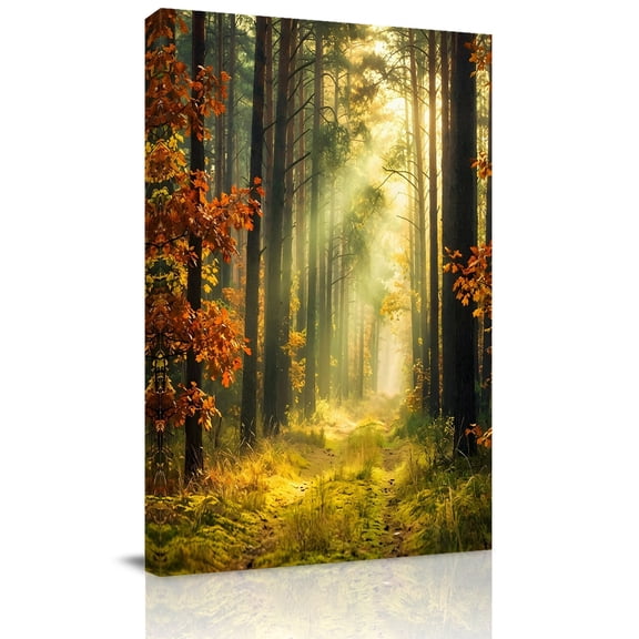 Canvas Wall Art Enchanted Forest Canvas Art Print Fall Nature Sunlight Sunbeams Path Pictures Wall Decor for Living Room Bedroom Artwork Decorations Stretched Framed Ready to Hang 24"x36"