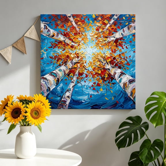 Canvas Wall Art Fall Birch Trees Canvas Art Print Rustic Autumn Orange Leaves Impasto Texture Pictures Wall Decor for Living Room Bedroom Artwork Decorations Stretched Framed Ready to Hang 8"x8"