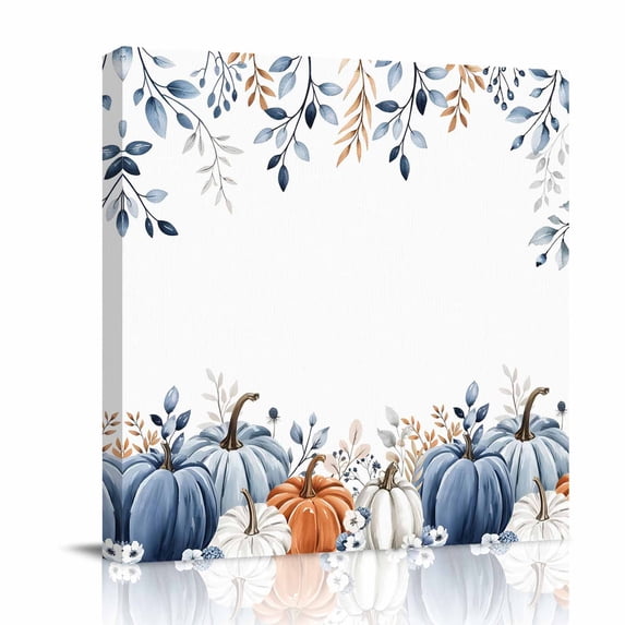 Canvas Wall Art, Fall Blue Pumpkin Framed Canvas Prints for Bathroom Desk, Thanksgiving Autumn Eucalyptus Leaves Small Gallery Wrapped Wall Decor for Home Office, Gifts, 8"x8" Ship Next Day