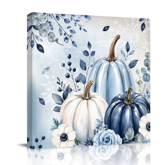 Canvas Wall Art, Fall Blue Pumpkins Framed Canvas Prints for Bathroom Desk, Thanksgiving Floral Eucalyptus Berries Small Gallery Wrapped Wall Decor for Home Office, Gifts, 8"x8" Ship Next Day