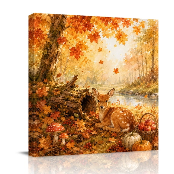 Canvas Wall Art, Fall Deer Framed Canvas Prints for Bathroom Desk, Retro Country Wildlife Maple Pumpkins Small Gallery Wrapped Wall Decor for Home Office, Gifts, 8"x8" Ship Next Day