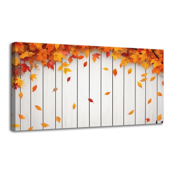 Canvas Wall Art Fall Fallen Leaves Red Brown Leaf White Wood Grain Modern Artwork Wall Decor for Living Room Bathroom Bedroom Office 20" x 40" Art Paintings, Ready to Hang