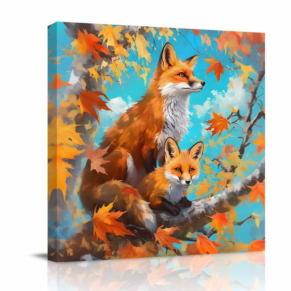 Canvas Wall Art, Fall Forest Fox Framed Canvas Prints for Bathroom Desk, Fall Orange Red Autumn Maple Leaves Small Gallery Wrapped Wall Decor for Home Office, Gifts, 8"x8" Ship Next Day