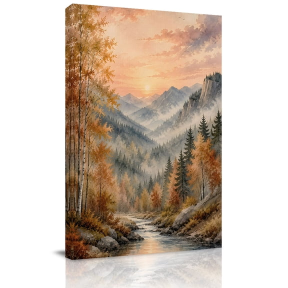 Canvas Wall Art, Fall Forest Framed Canvas Prints for Kitchen Bedroom, Autumn Oil Painting Pine Trees Mountains Small Gallery Wrapped Wall Decor for Home Office, Gifts, 8"x12" Ship Next Day
