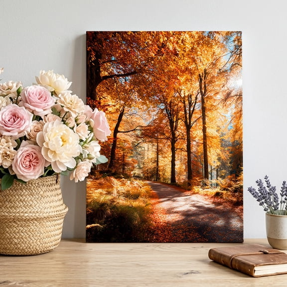 Canvas Wall Art Fall Forest Path Canvas Art Print Rustic Country Orange Tree Leaves Woodland Trail Pictures Wall Decor for Living Room Bedroom Artwork Stretched Framed Ready to Hang 12"x18"