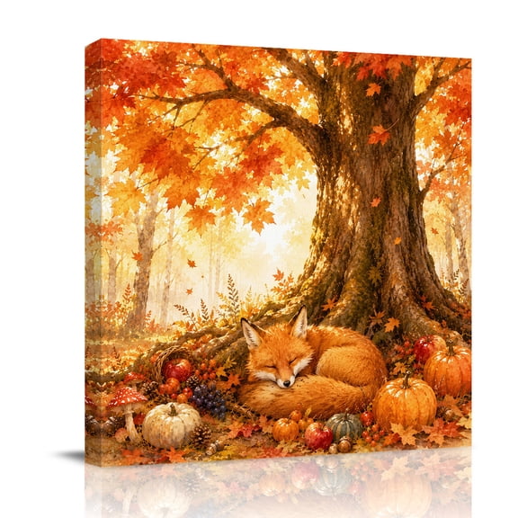 Canvas Wall Art, Fall Fox Framed Canvas Prints for Bathroom Kitchen, Retro Country Wildlife Maple Leaves Pumpkins Gallery Wrapped Wall Decor for Home Office, Gifts, 10"x10" Ship Next Day