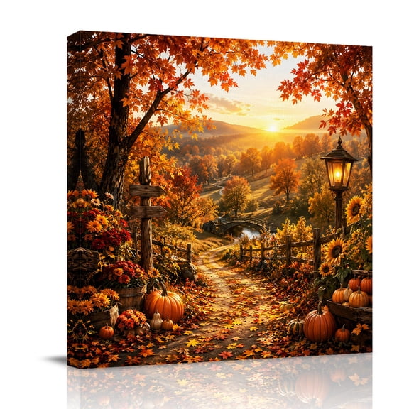 Canvas Wall Art, Fall Framed Canvas Prints for Bathroom Desk, Autumn Farmhouse Country Pumpkins Maple Leaves Small Gallery Wrapped Wall Decor for Home Office, Gifts, 8"x8" Ship Next Day