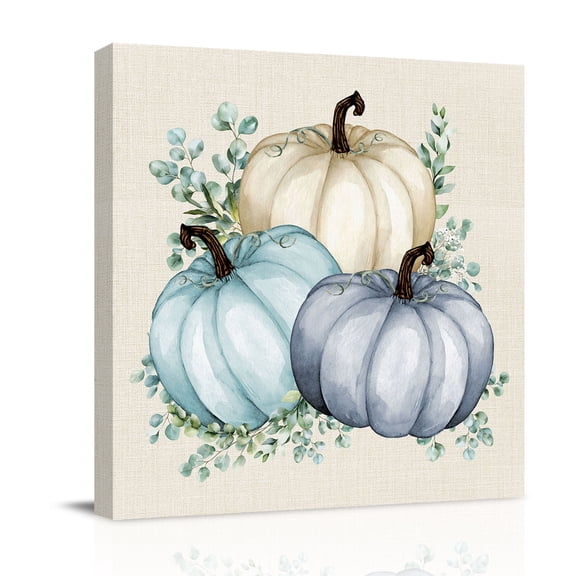 Canvas Wall Art, Fall Framed Canvas Prints for Bathroom Desk, Blue Pumpkins Thanksgiving Rustic Eucalyptus Leaf Small Gallery Wrapped Wall Decor for Home Office, Gifts, 8"x8" Ship Next Day