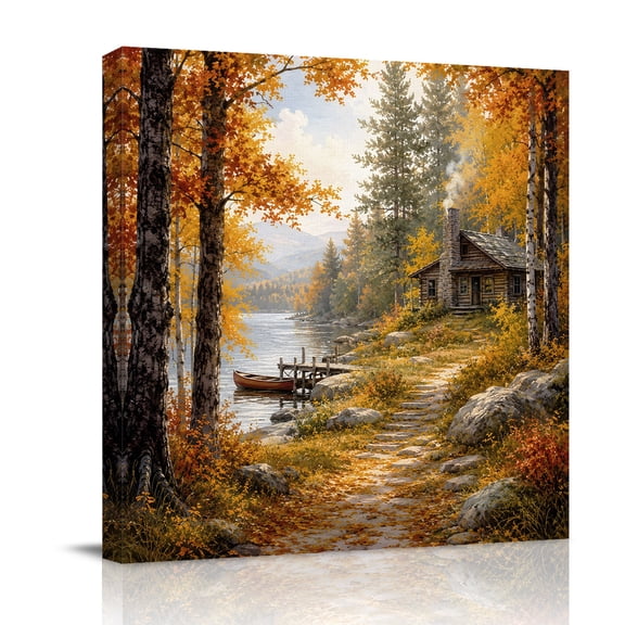 Canvas Wall Art, Fall Framed Canvas Prints for Bathroom Kitchen, Farmhouse Country Cabins Maple Leaves Trees Gallery Wrapped Wall Decor for Home Office, Gifts, 10"x10" Ship Next Day