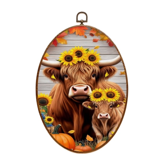 Canvas Wall Art Fall Highland Cow Cow Sunflower Thanksgiving Autumn Harvest Halloween Oval Framed Canvas Prints Vintage Wall Hanging Decor for Office Kitchen Bathroom Gifts For Women 8.6"x11.4"