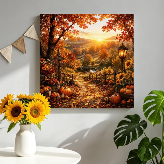 Canvas Wall Art Fall Landscape Canvas Art Print Orange Golden Maple Leaf Pumpkins Tree Sunset Pictures Wall Decor for Living Room Bedroom Artwork Decorations Stretched Framed Ready to Hang 8"x8"