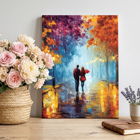 Canvas Wall Art, Fall Maple Leaves Framed Canvas Prints for Living Room Bedroom, Modern Oil Painting Country Street Light Gallery Wrapped Wall Decor for Home Office, Gifts, 12"x16" Ship Next Day