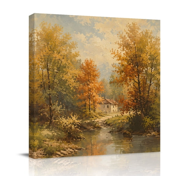 Canvas Wall Art, Fall Maple Trees Framed Canvas Prints for Bathroom Desk, Retro Rustic House River Maple Leaf Scene Small Gallery Wrapped Wall Decor for Home Office, Gifts, 8"x8" Ship Next Day