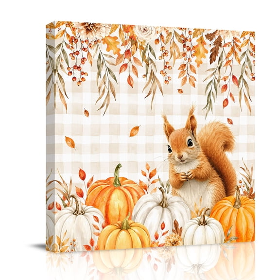 Canvas Wall Art, Fall Pumpkin Framed Canvas Prints for Bathroom Desk, Thanksgiving Maple Leaf Squirrel Floral Plaid Small Gallery Wrapped Wall Decor for Home Office, Gifts, 8"x8" Ship Next Day