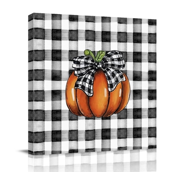 Canvas Wall Art, Fall Pumpkins Framed Canvas Prints for Bathroom Desk, Black Checkered Check Bow Thanksgiving Small Gallery Wrapped Wall Decor for Home Office, Gifts, 8"x8" Ship Next Day