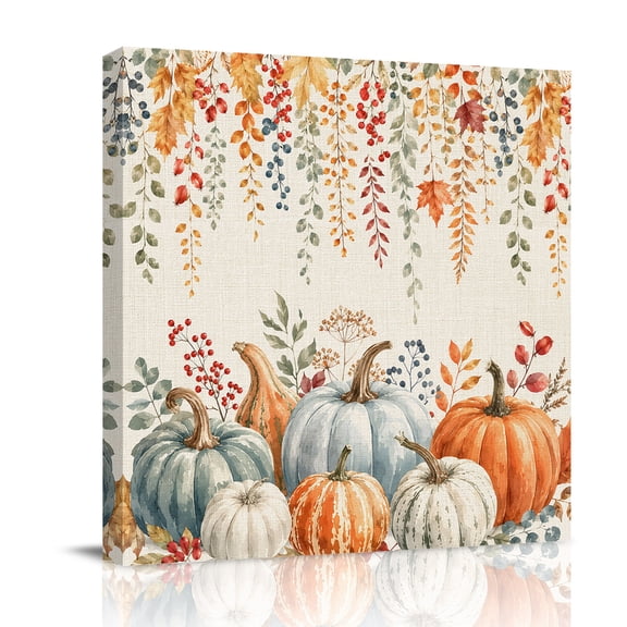 Canvas Wall Art, Fall Pumpkins Framed Canvas Prints for Bedroom Office, Rustic Maple Leaf Harvest Thanksgiving Large Gallery Wrapped Wall Decor for Home Office, Gifts, 16"x16" Ship Next Day