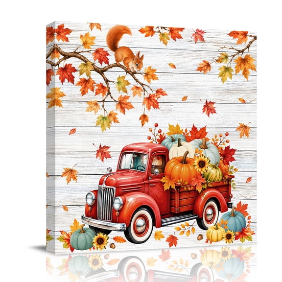 Canvas Wall Art, Fall Red Truck Framed Canvas Prints for Bathroom Kitchen, Thanksgiving Harvest Pumpkins Wooden Grain Gallery Wrapped Wall Decor for Home Office, Gifts, 10"x10" Ship Next Day