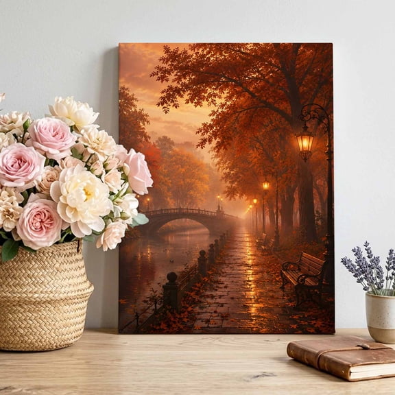 Canvas Wall Art Fall Scenic Canvas Art Print Nostalgia Vintage Gold Maple Leaf Forest Stone Bridge Wall Decor for Living Room Bedroom Artwork Decorations Stretched Framed Ready to Hang 18"x24"