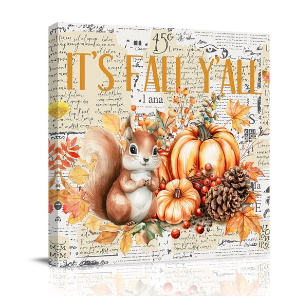 Canvas Wall Art, Fall Squirrel Pumpkins Framed Canvas Prints for Bathroom Desk, Vintage Maple Leaf Thanksgiving Small Gallery Wrapped Wall Decor for Home Office, Gifts, 8"x8" Ship Next Day
