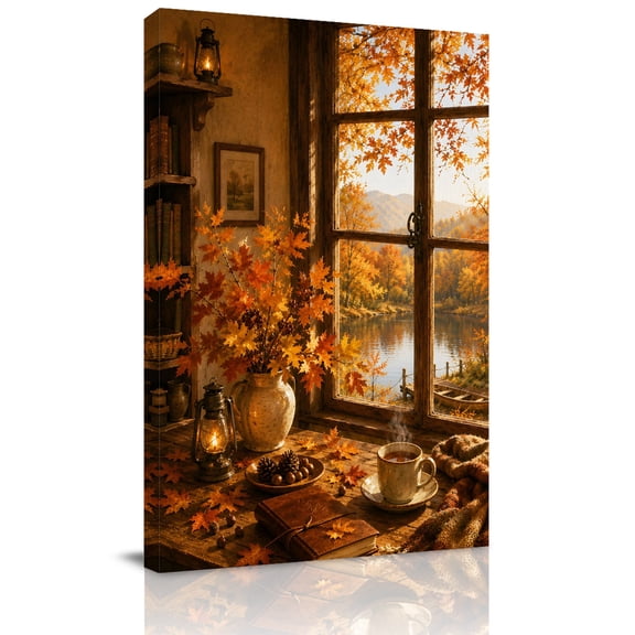 Canvas Wall Art, Fall Thanksgiving Framed Canvas Prints for Bathroom Hallway, Autumn Book Coffee Maple Leaves Trees Small Gallery Wrapped Wall Decor for Home Office, Gifts, 8"x10" Ship Next Day