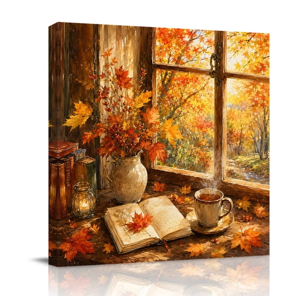 Canvas Wall Art, Fall Thanksgiving Framed Canvas Prints for Bedroom Office, Farmhouse Book Maple Leaves Trees Forest Large Gallery Wrapped Wall Decor for Home Office, Gifts, 16"x16" Ship Next Day