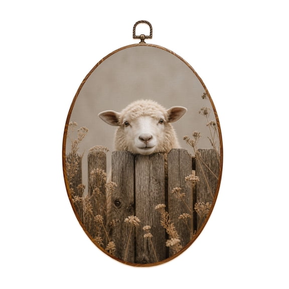 Canvas Wall Art Farm Cottagecore Animal Rustic Country Sheep Wooden Fence Wildflowers Oval Framed Canvas Prints Vintage Wall Hanging Decor for Home Decorations 8.6"x11.4"